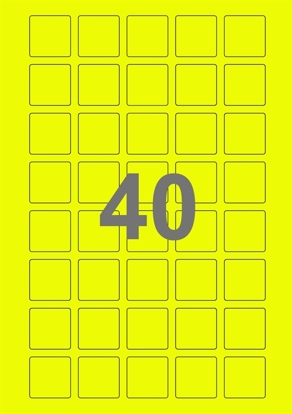 A4-etiketter, 40 stansade etiketter/ark, 30,0 x 30,0 mm, gul neon, 100 ark
